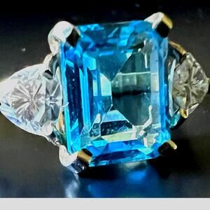 Handmade Sterling Silver Blue Topaz Ring with Moissanite Accents, Size 6.5